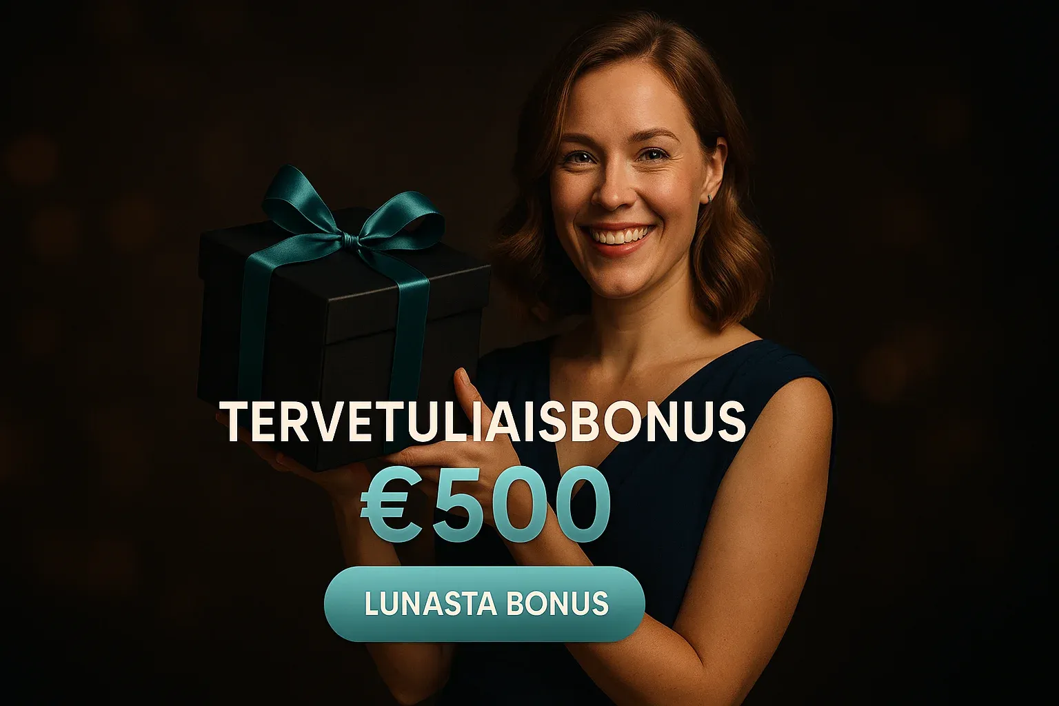 Suomalainen nainen navy-mekossa pitelee lahjalaatikkoa tervetuliaisbonus €500 bannerissa