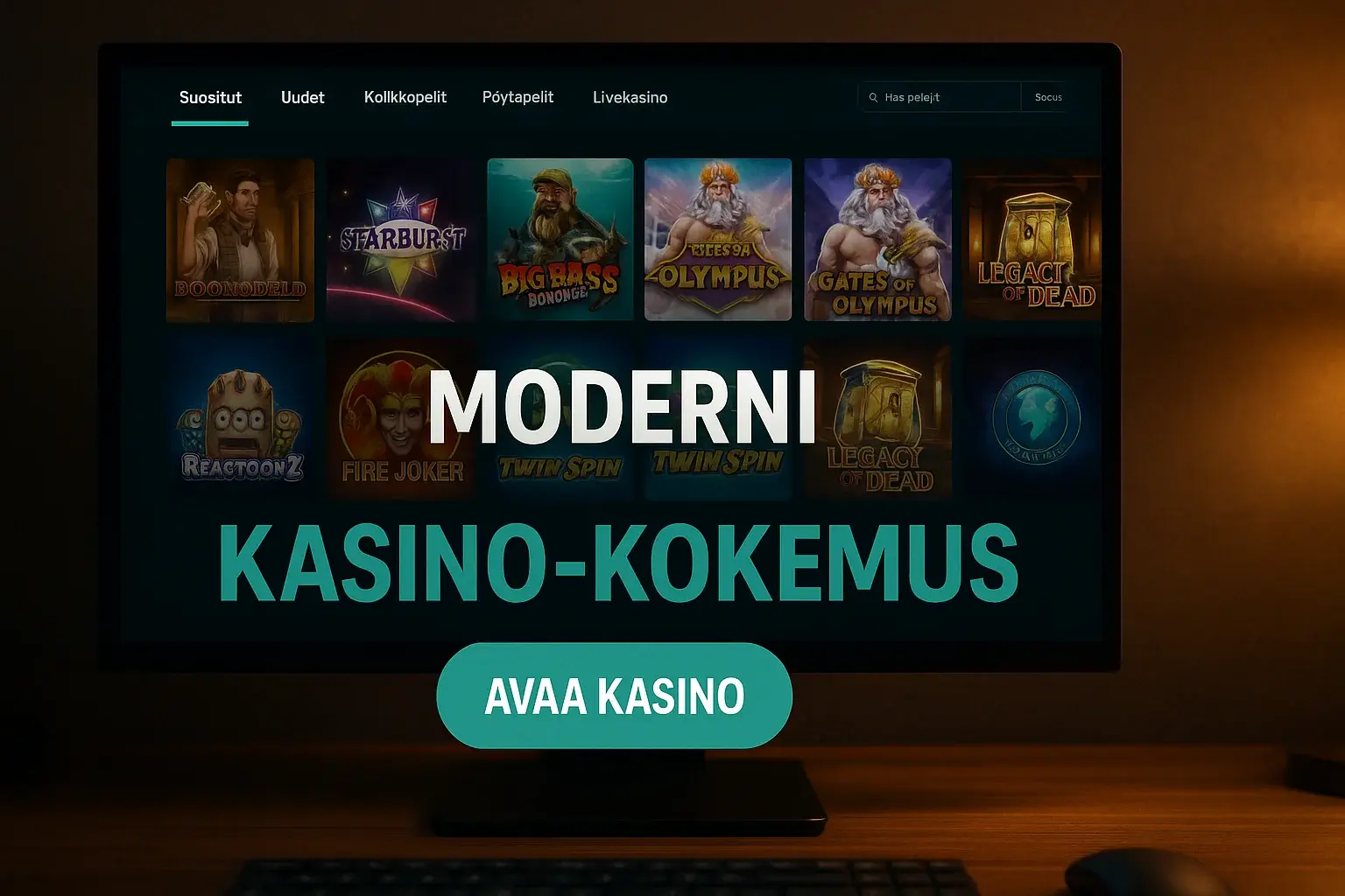 Fotorealistinen suomalainen kasinomainosbanneri, tumma peliaula käyttöliittymä ja CTA-painike
