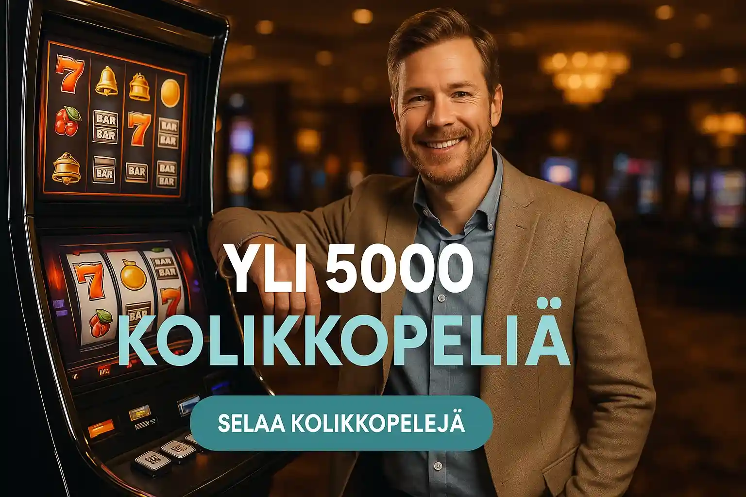 Suomalainen mies kasinolla premium-kolikkopelin äärellä, teksti YLI 5000 KOLIKKOPELIÄ