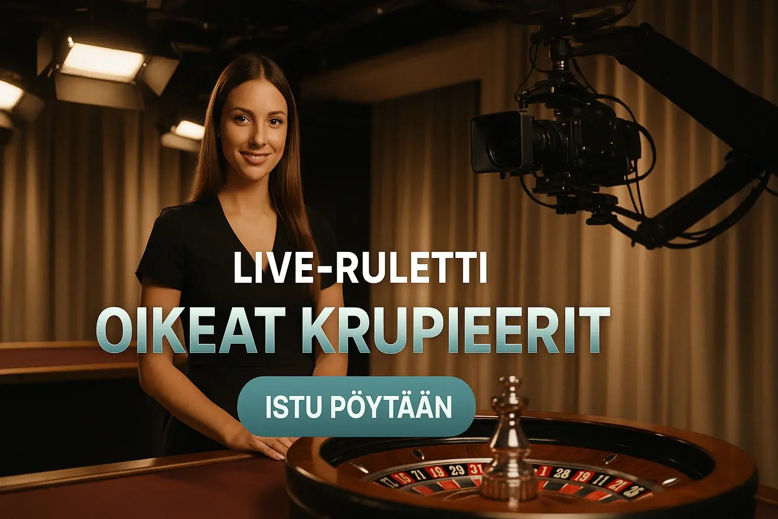Fotorealistinen live-ruletti banneri, oikea krupieeri studiossa ja ruletinpöytä