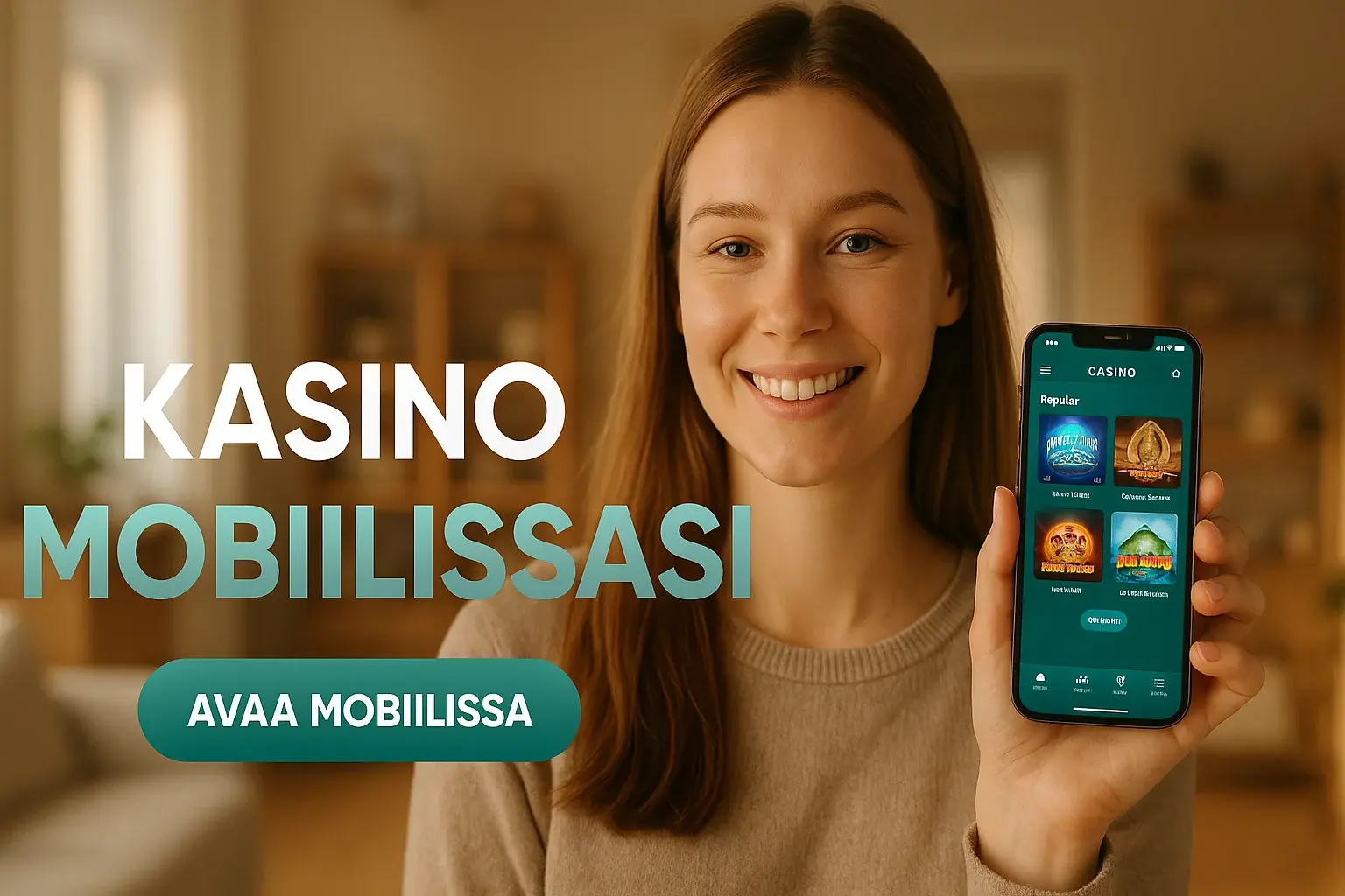 Suomalainen nainen pitelee iPhonea, kasinoaula näkyy, teksti Kasino mobiilissasi