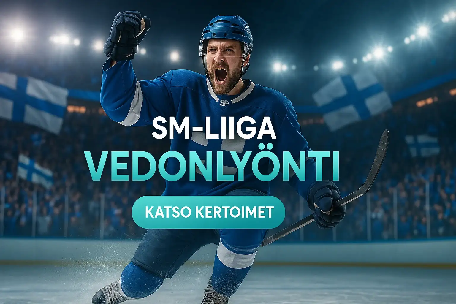 Fotorealistinen SM-liiga vedonlyönti kasino banneri, jääkiekkoilija juhlii maalia
